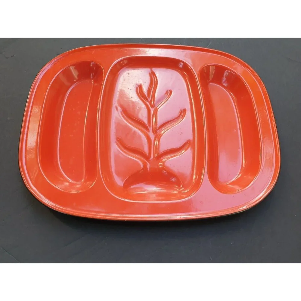 Vintage Orange Metal Enamel Meat Tray Platter Retro Decor